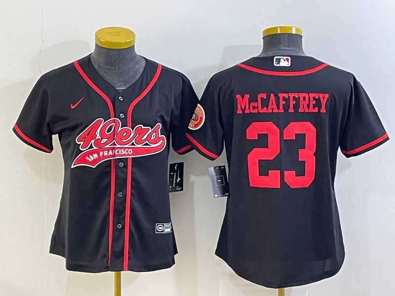 Women%27s San Francisco 49ers #23 Christian McCaffrey Black With Patch Cool Base Stitched Baseball Jersey